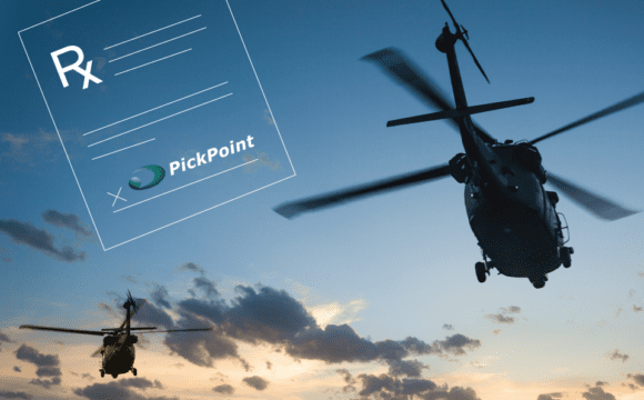Photo of helicopters flying in the sky with an illustration of a PickPoint prescription pad