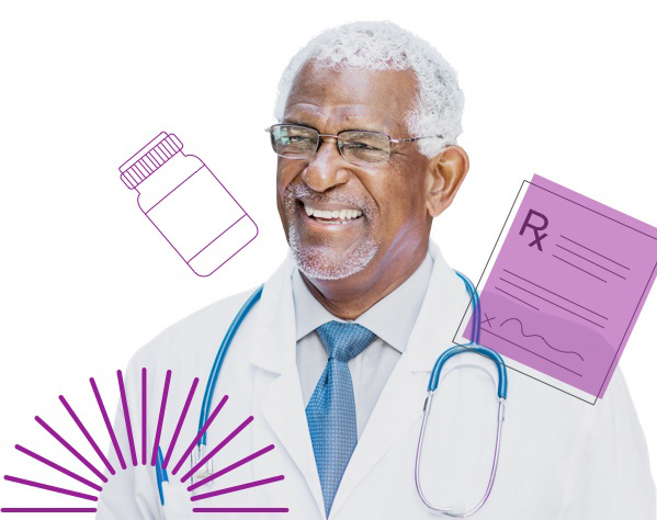 A male doctor smiles, surrounded by illustrations of pharmaceutical icons, including a pill bottle and prescription pad