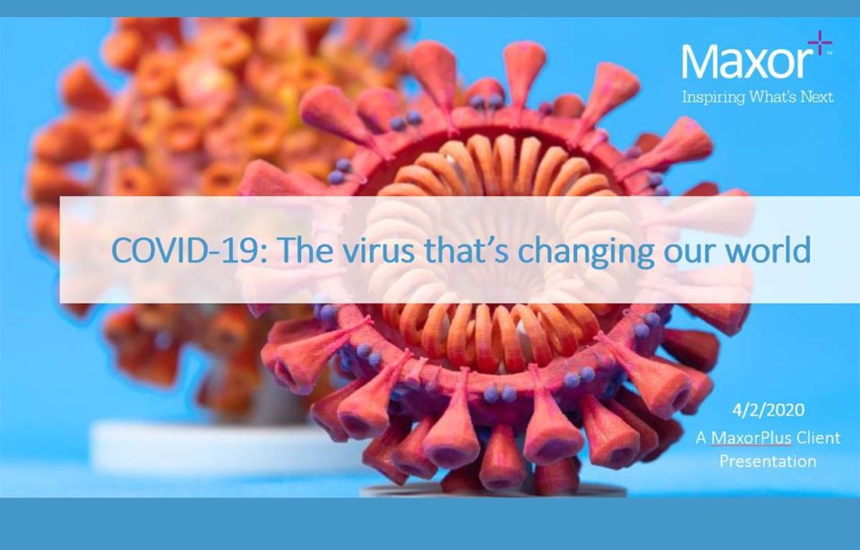 Webinar screenshot with the title "COVID-19: The virus that's changing our world" from April 2, 2020
