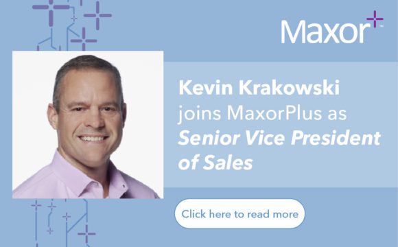 Image of Kevin Krakowski, with the text "Kevin Krakowski joins MaxorPlus as Senior Vice President of Sales" and a "Click here to read more" button