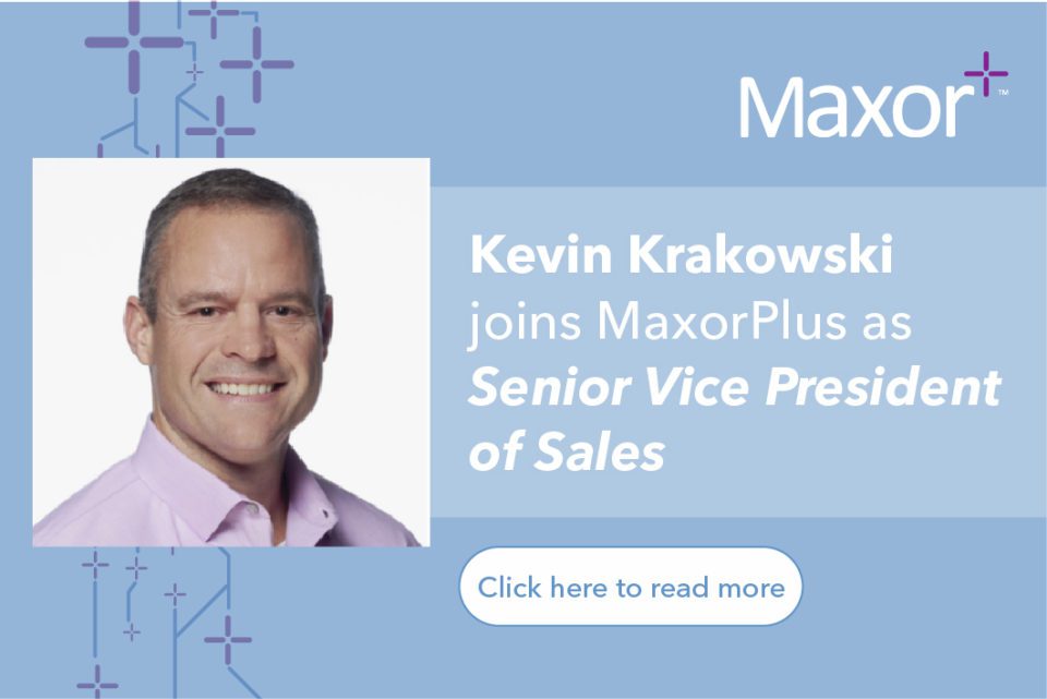 Image of Kevin Krakowski, with the text "Kevin Krakowski joins MaxorPlus as Senior Vice President of Sales" and a "Click here to read more" button