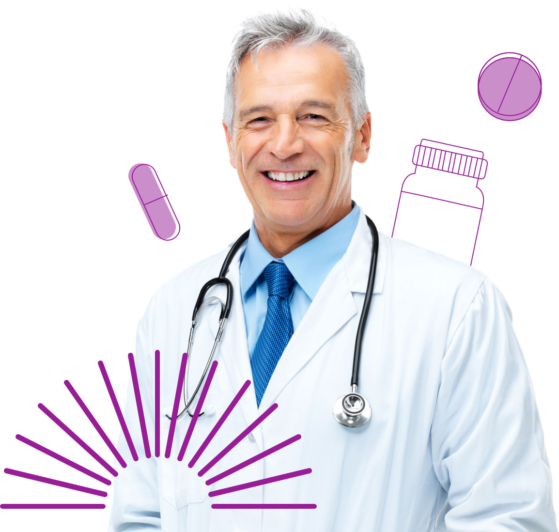 Maxor specialty doctor with illustrations of pharmaceutical items