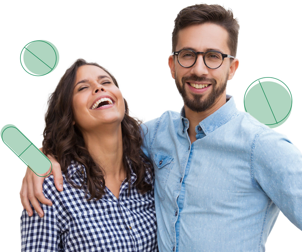 Man and woman with illustrations of Maxor Specialty pharmaceutical items