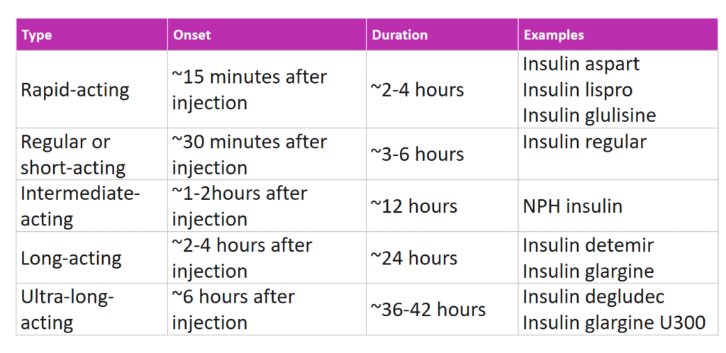 Chart that displays the different types of insulin available for Type 1 Diabetes: Rapid-acting, Regular or short-acting, Intermediate-acting, Long-acting, and Ultra-long-acting. 